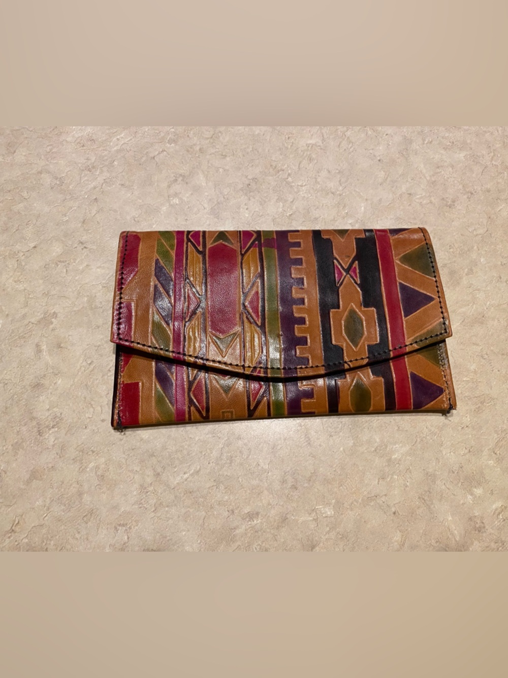 Vintage leather wallet southwestern Aztec colorful geometric small clutch